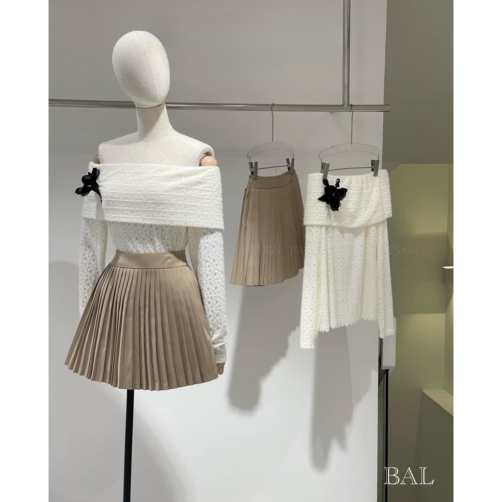 Set áo Len ren mix chân váy dập ly kèm tag Hoa hot hit