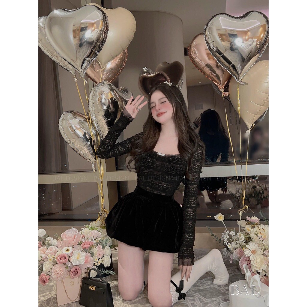 Set áo ren dài tay, quần nhung dáng phồng siêu hot hit TM