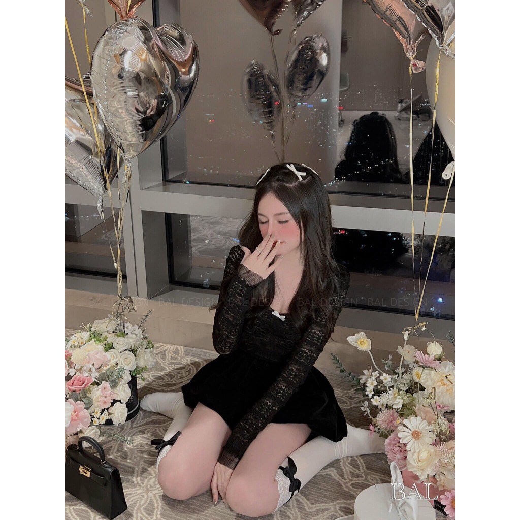 Set áo ren dài tay, quần nhung dáng phồng siêu hot hit TM