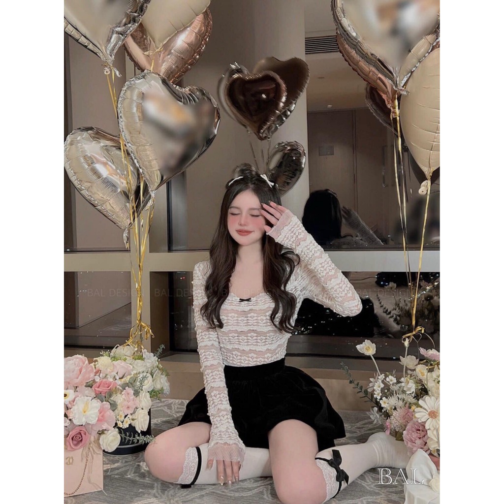 Set áo ren dài tay, quần nhung dáng phồng siêu hot hit TM