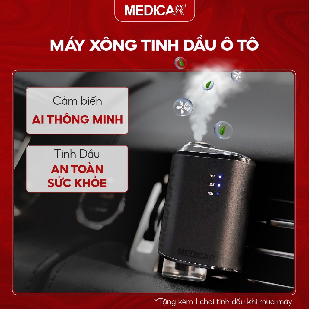 Máy xông tinh dầu ô tô chuyên dụng Medicar, máy khuếch tán nước hoa xe hơi phun tinh dầu khử mùi oto theo chế độ sẵn
