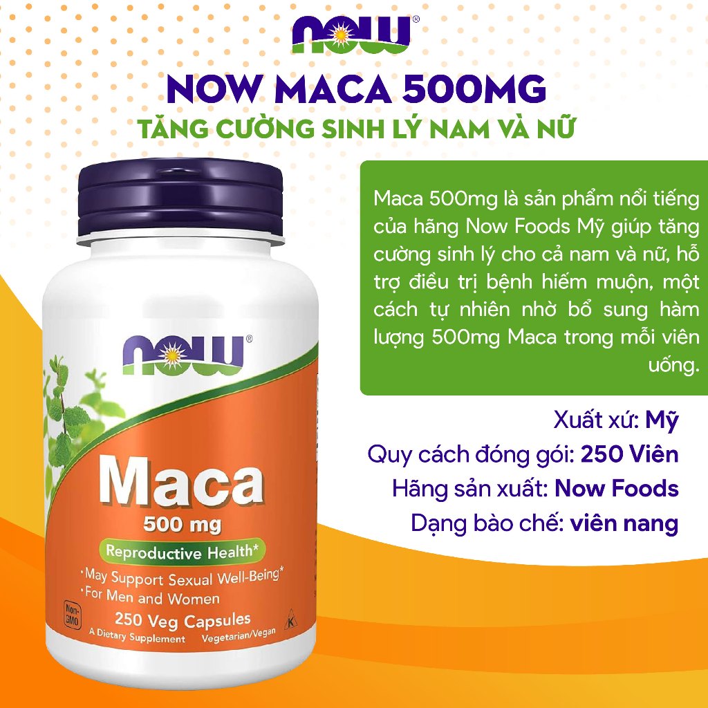 Now Maca 500mg của Mỹ hỗ trợ tăng cường sinh lý cho nam lọ 250 viên