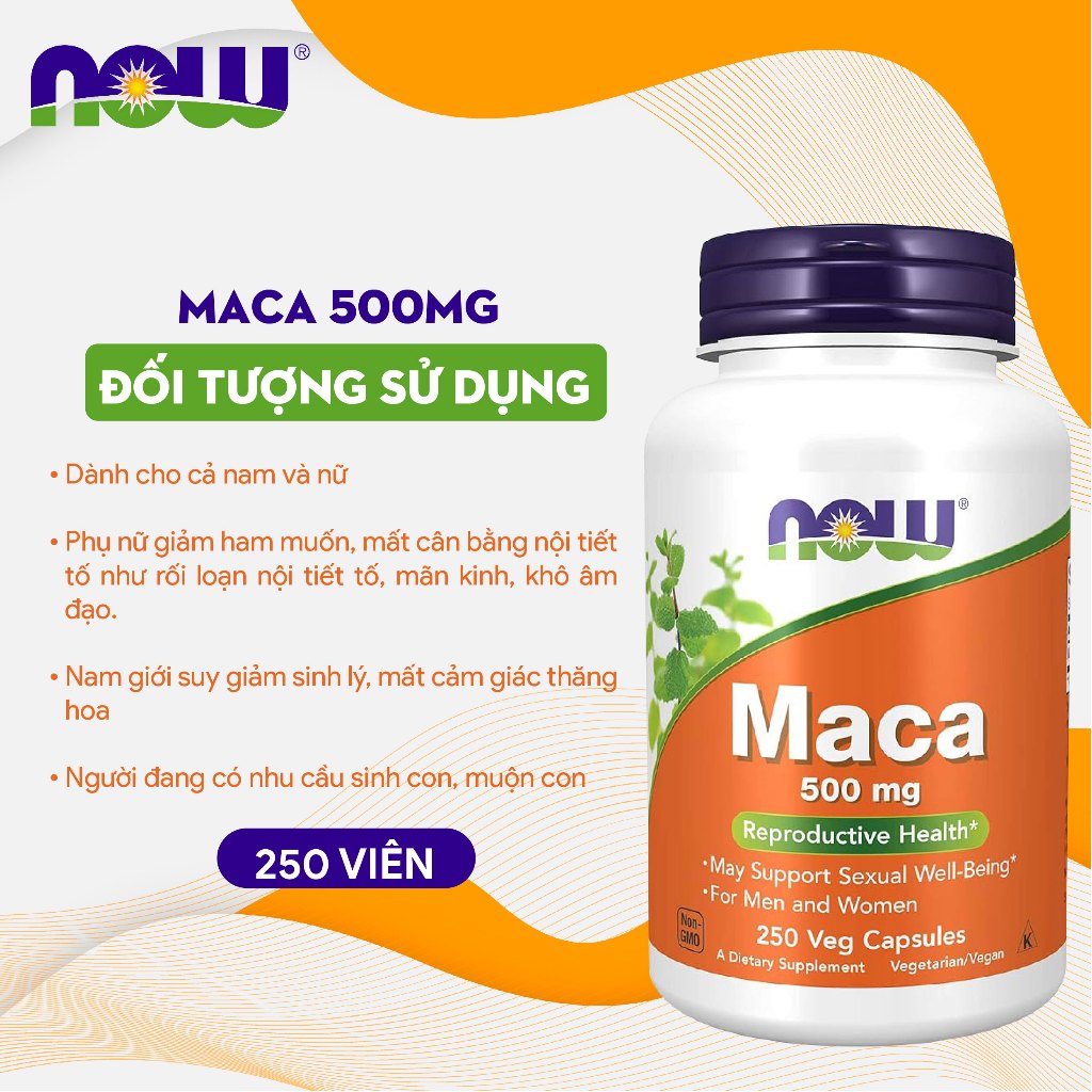 Now Maca 500mg của Mỹ hỗ trợ tăng cường sinh lý cho nam lọ 250 viên