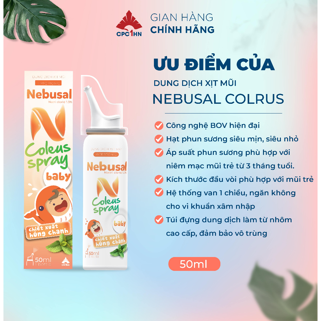 Xịt mũi NEBUSAL Coleus húng chanh giảm sổ, nghẹt mũi 50ml cho trẻ em và người lớn