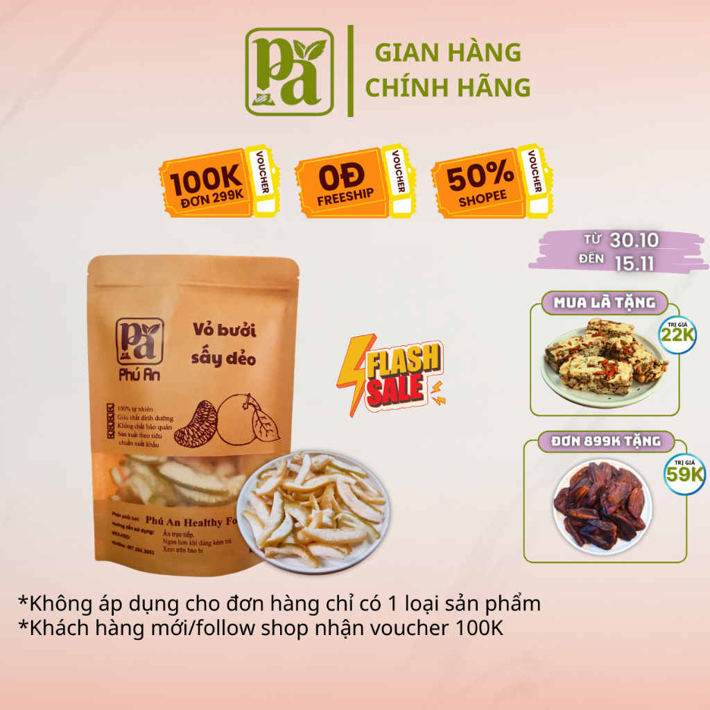 Vỏ bưởi sấy dẻo Phú An Healthy Foods túi 500g ăn vặt, ăn kiêng tiện lợi tiêu chuẩn xuất khẩu