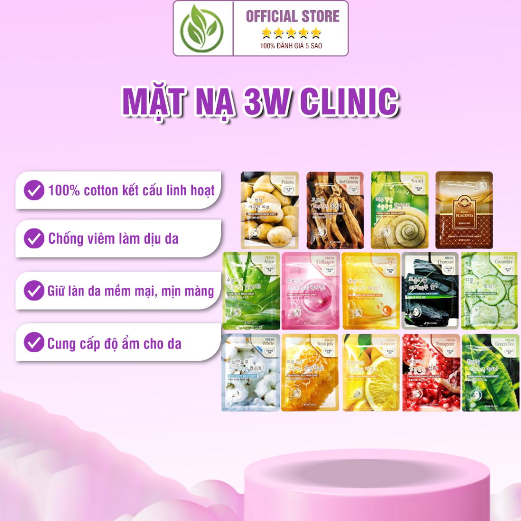 Mặt Nạ Trắng Da 3W CLINIC Thành Phần Tự Nhiên Giữ Làn Da Mịn Màng Mềm Mại Hộp 10 Miếng