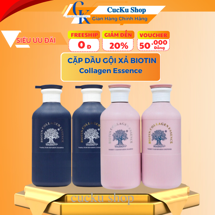 Cặp Dầu Gội Xả Biotin Essence, hương nước hoa phục hồi tóc hư tổn, giúp tóc óng mượt màu hồng và xanh 500ml cuckushop