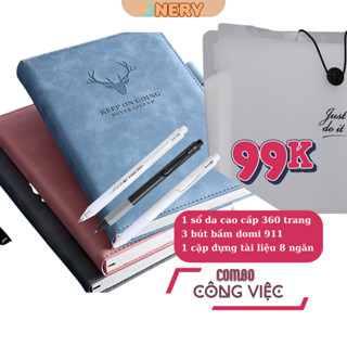 Combo 3 món văn phòng phẩm phục vụ công việc Sổ da cao cấp A5 + 3 bút bấm DOMI 911 sang trọng + cặp đựng tài liệu A4