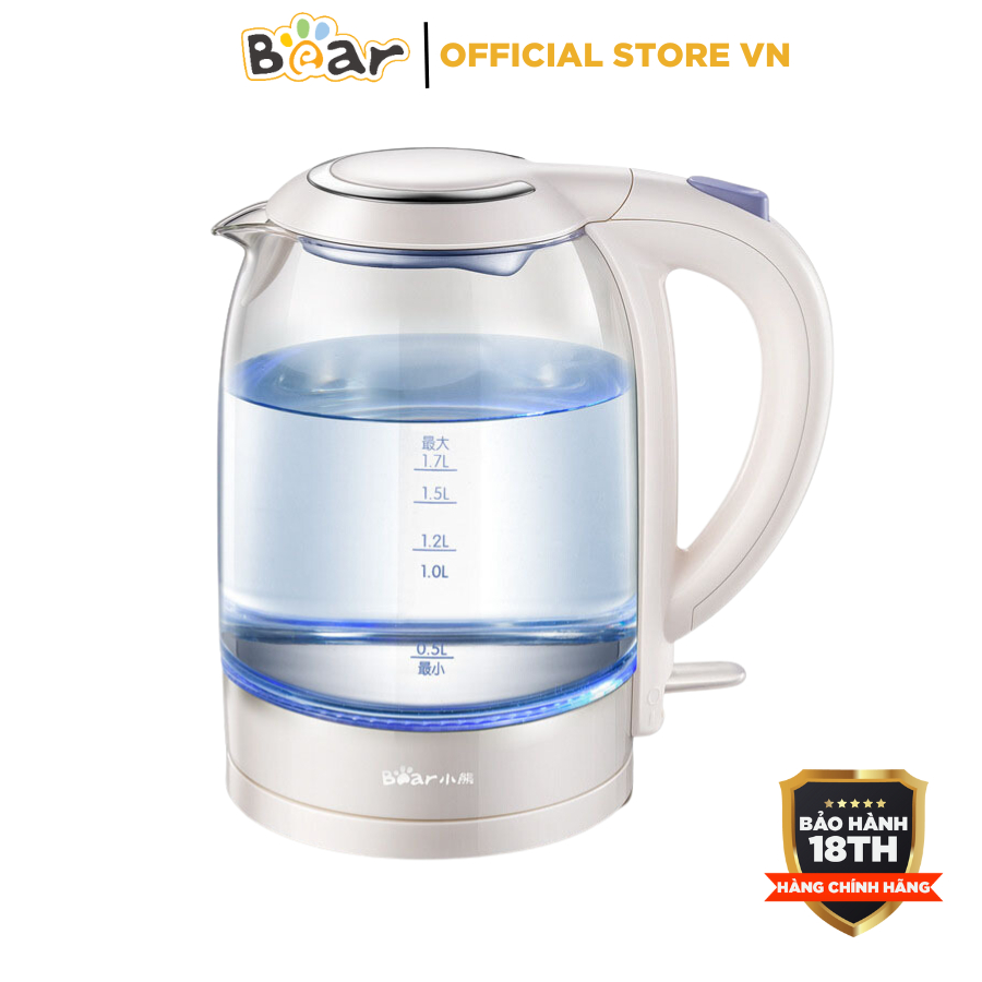 Ấm siêu tốc Thủy tinh 1.7L Bear ZDH-A17L1, Công suất 1800W, Bình đun nước sôi tự ngắt, Hàng Chính Hãng, BH 18 Tháng