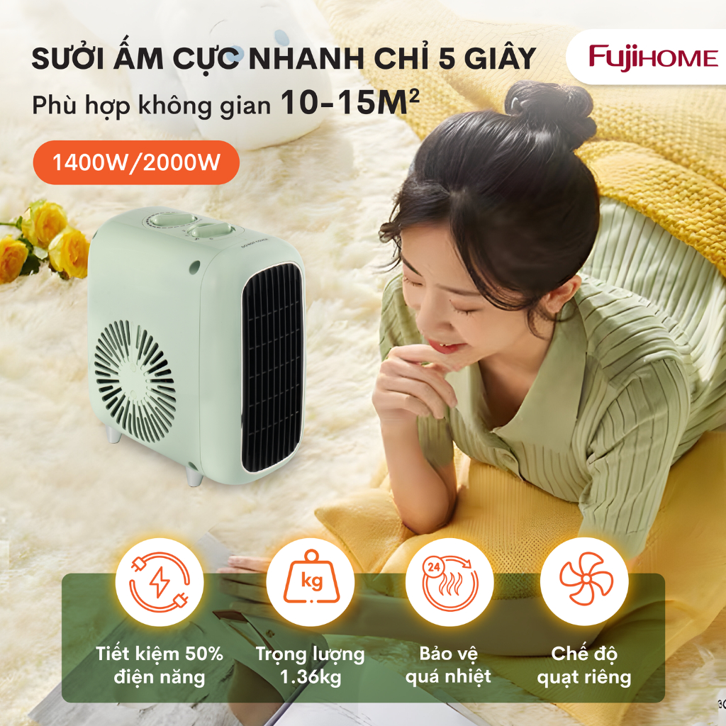 Quạt sưởi gốm Fujihome FH1200 công nghệ nhiệt gốm, không đốt cháy oxy, tự động ngắt khi quá nhiệt, bảo hành 12 tháng