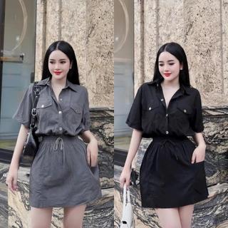Đầm váy nữ cổ sơ mi cài nút thật phối dây rút eo xinh xắn dành cho các nàng đi chơi,đi dạo phố