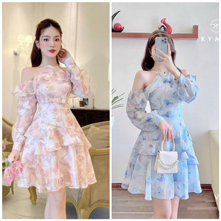 Đầm xoè voan hoa trễ vai dự tiệc siêu sang