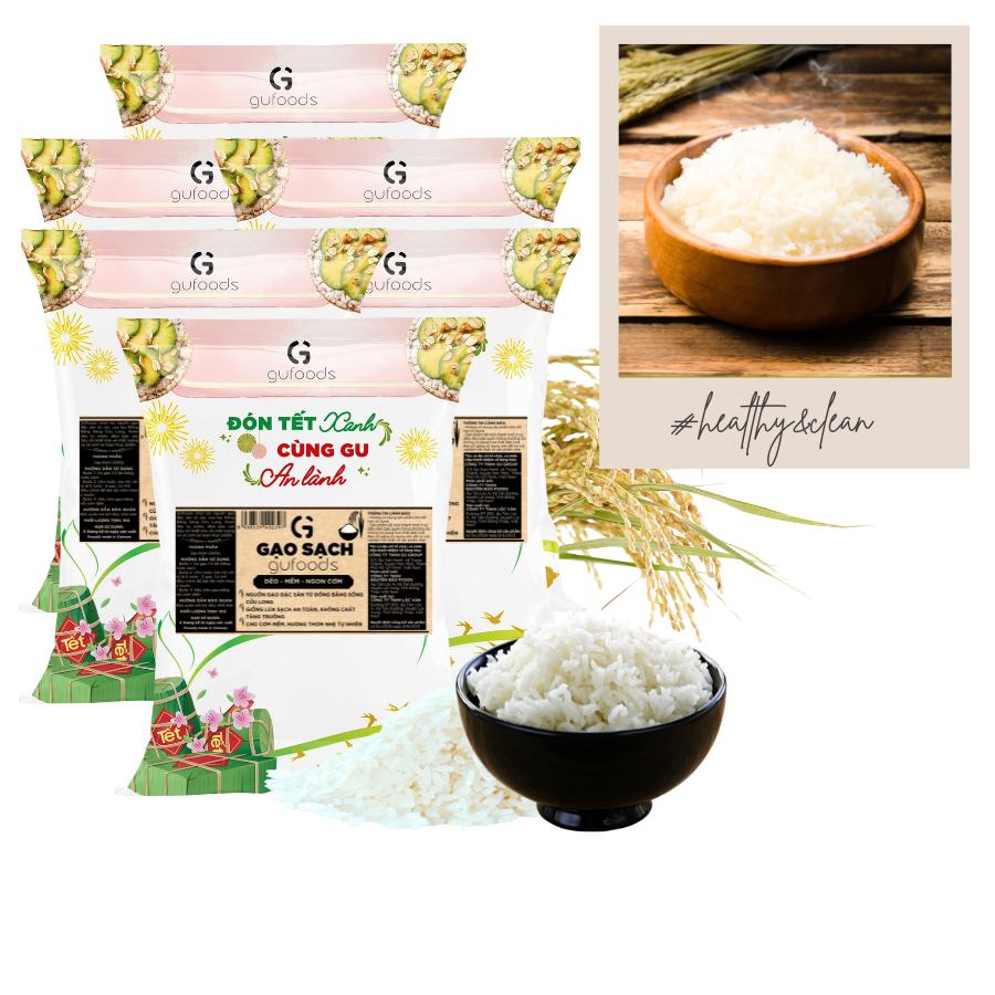 Combo 6 túi Gạo sạch GUfoods (Mỗi túi 1kg) - Đài thơm / Japonica hữu cơ - Dẻo mềm, Thơm nhẹ, Ngon cơm