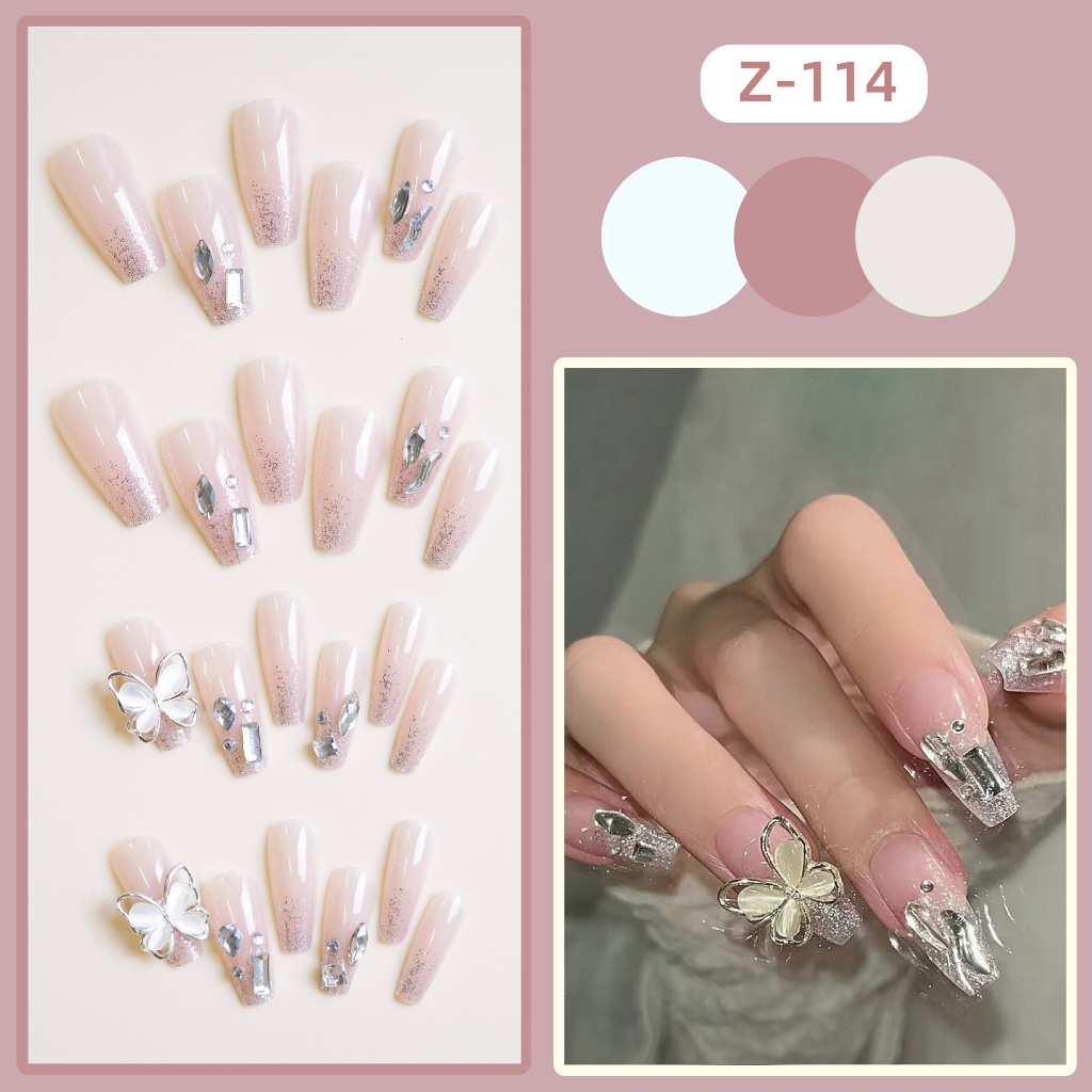 Nailbox, Móng tay giả dài đính đá, Bộ 24 móng tay giả đính đá kèm keo, Nail Xinh dự tiệc sang trọng, Shyn House Nail