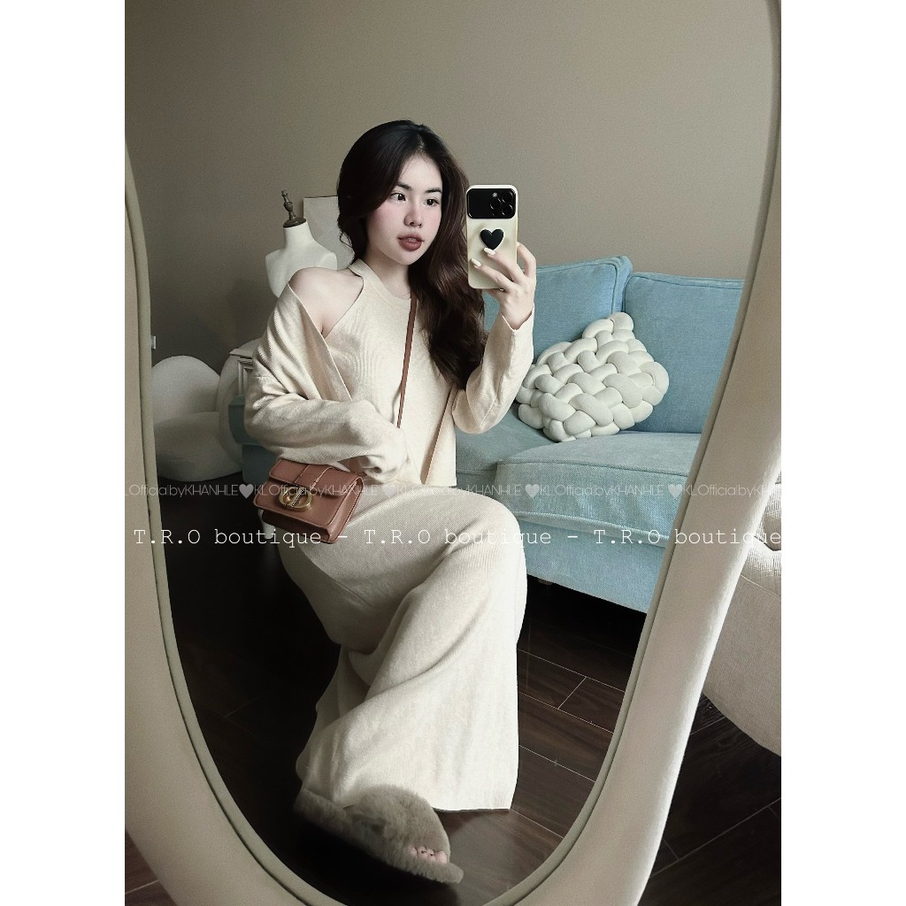 Set len 3 chi tiết áo yếm kèm cardigan chân váy dài hàng QCCC #540