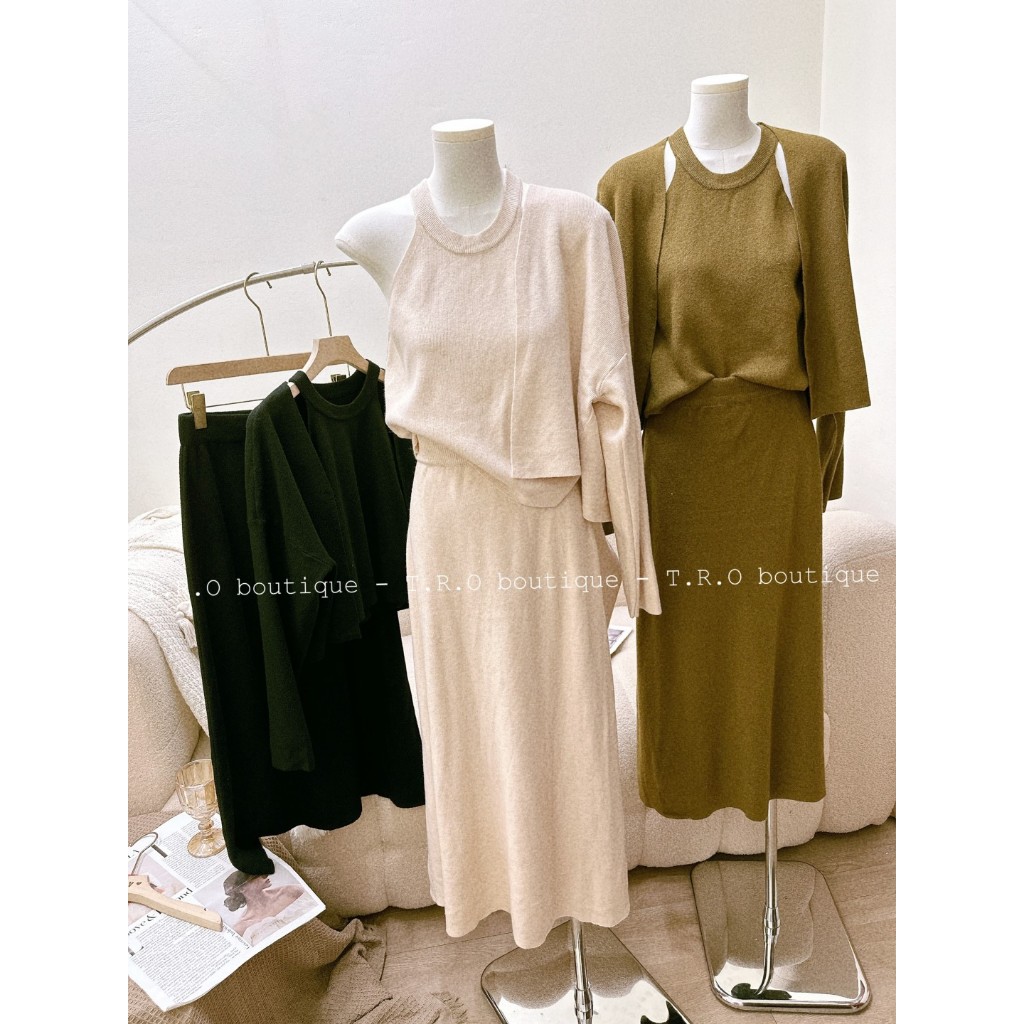 Set len 3 chi tiết áo yếm kèm cardigan chân váy dài hàng QCCC #540