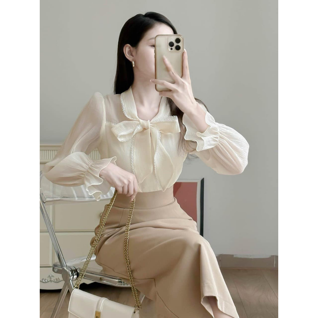 Sơ mi nơ chất liệu tơ phối dây ren màu kem tôn da tinh tế sang trọng MYAN DESIGN Avn102318