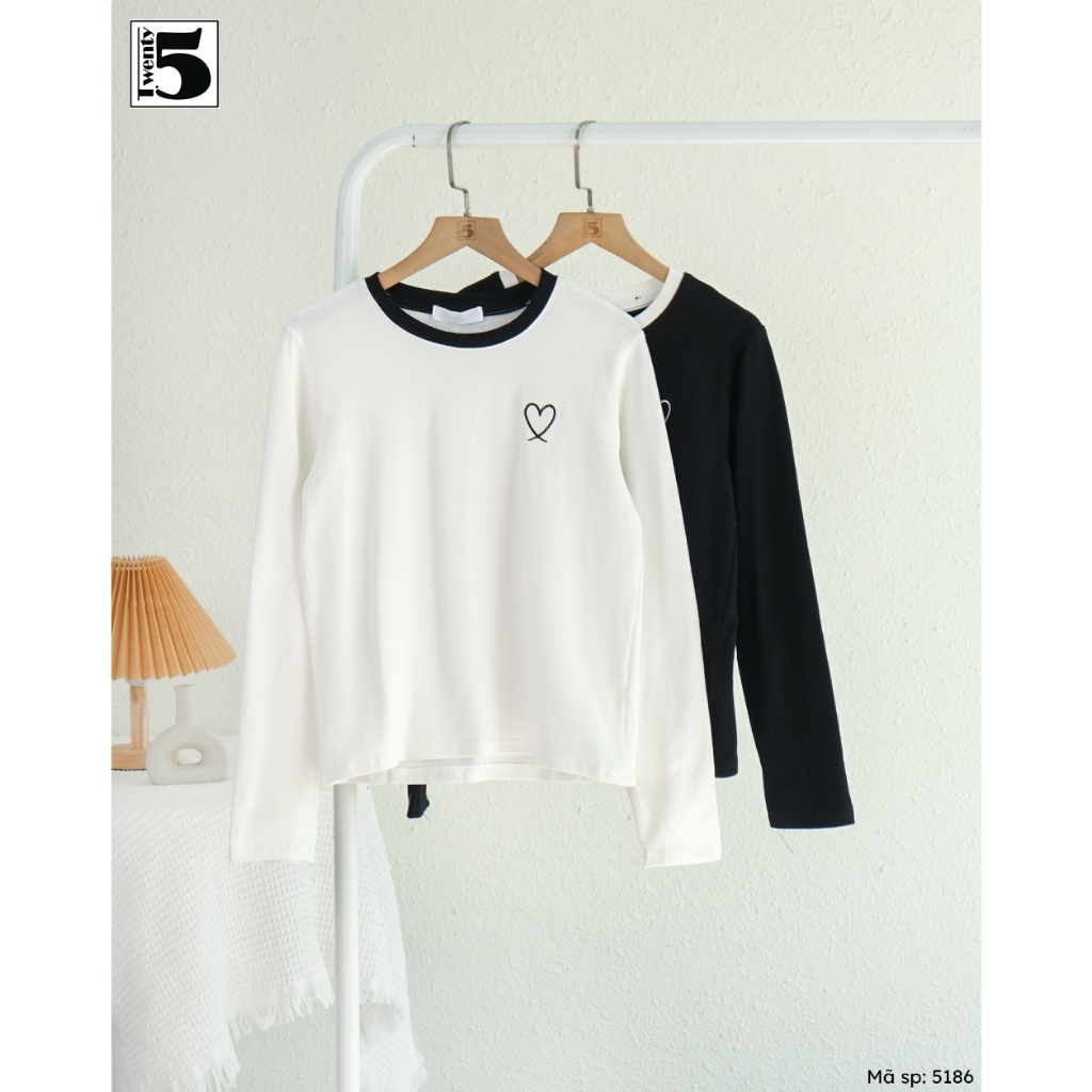 Áo thun nữ dài tay Twentyfive dáng rộng vừa cổ tròn phối viền thêu trái tim 5186