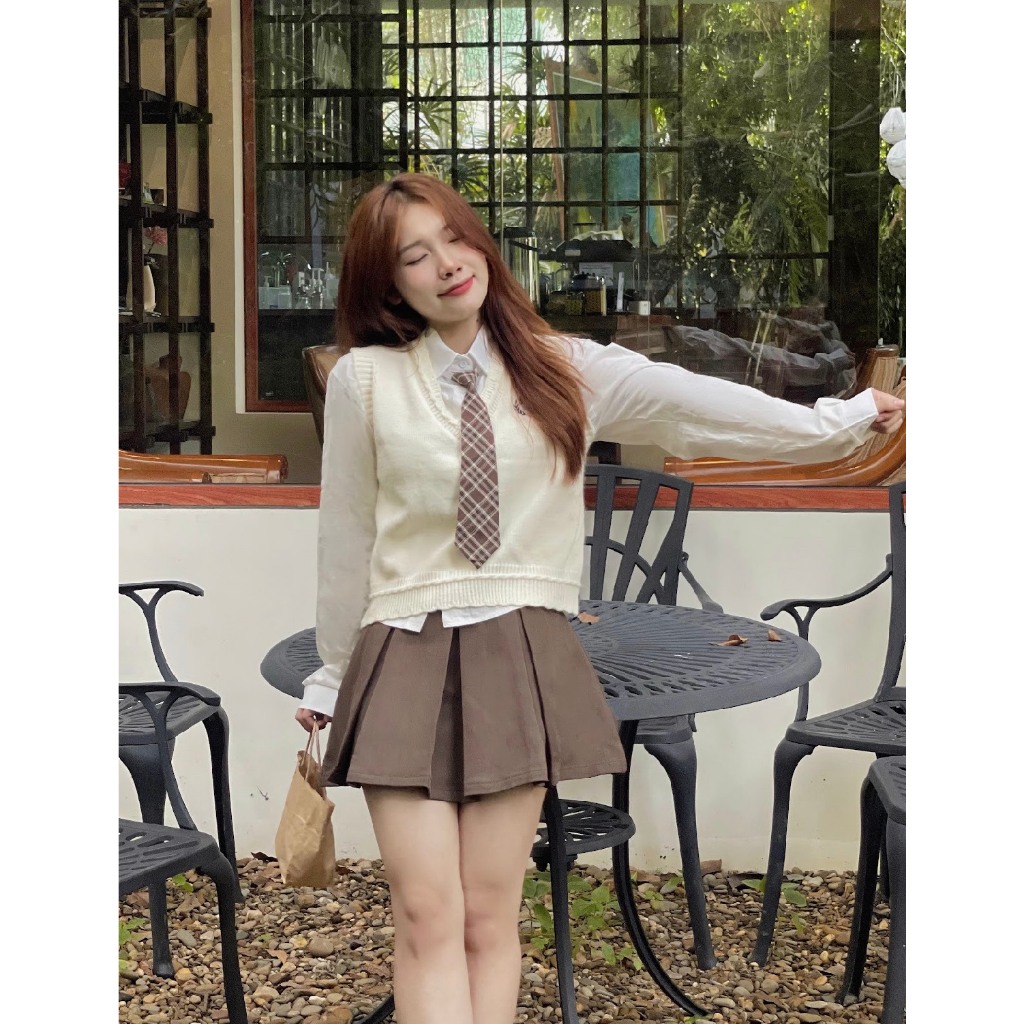 LYRA Set áo sơ mi phối áo gile len kèm cà vạt kẻ xinh xắn phong cách trẻ trung, Hằn Quốc - CSYSE0084