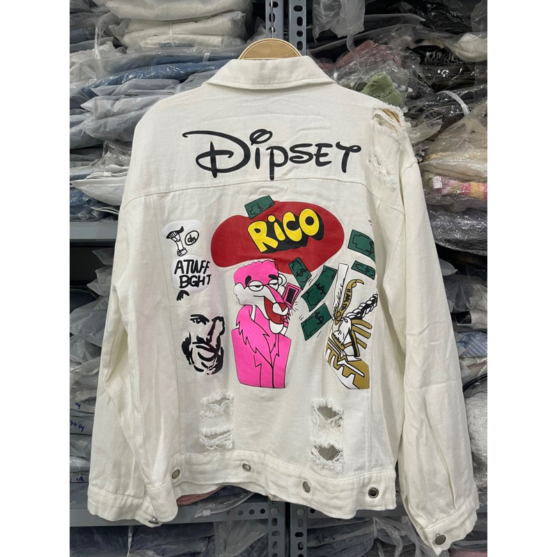 Áo khoác jean họa tiết lưng in hình chữ tay dài hàng đẹp!