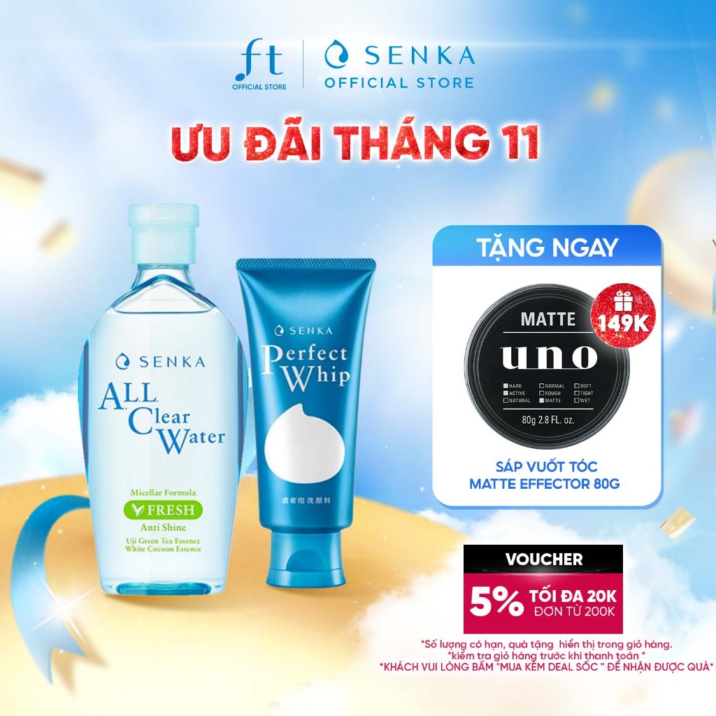 Bộ đôi làm sạch Nước tẩy trang Fresh 230ml & Sữa rửa mặt Senka Perfect Whip 120g