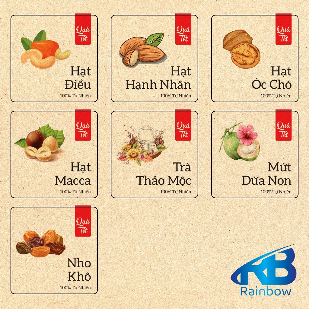 Set  30 Tem tết giấy karaft dán hộp, hủ, chai, lọ đựng mứt Tết, khô, hộp quà tặng.