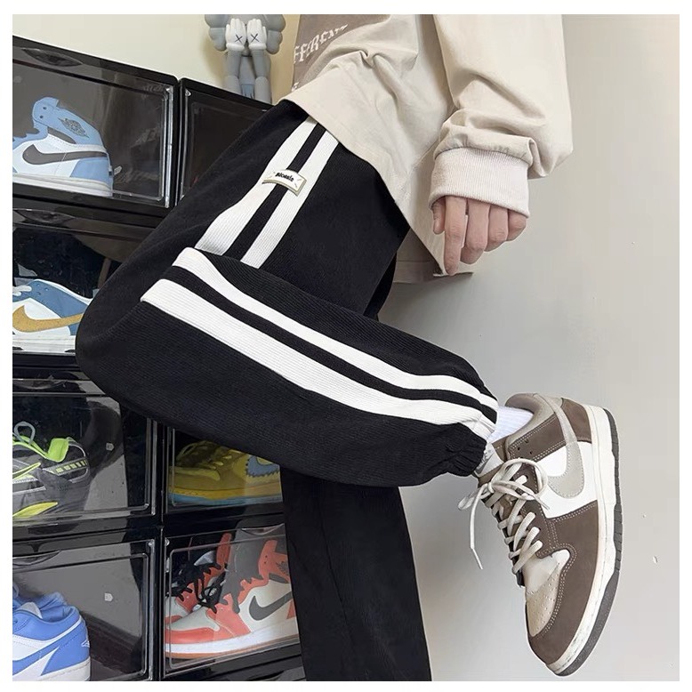Quần Nhung Tăm Ống Rộng BLOSIE Phối Sọc 2 Unisex - Quần Dài Cạp Chun Eo Vải Co Dãn Dày Dặn Ullzang