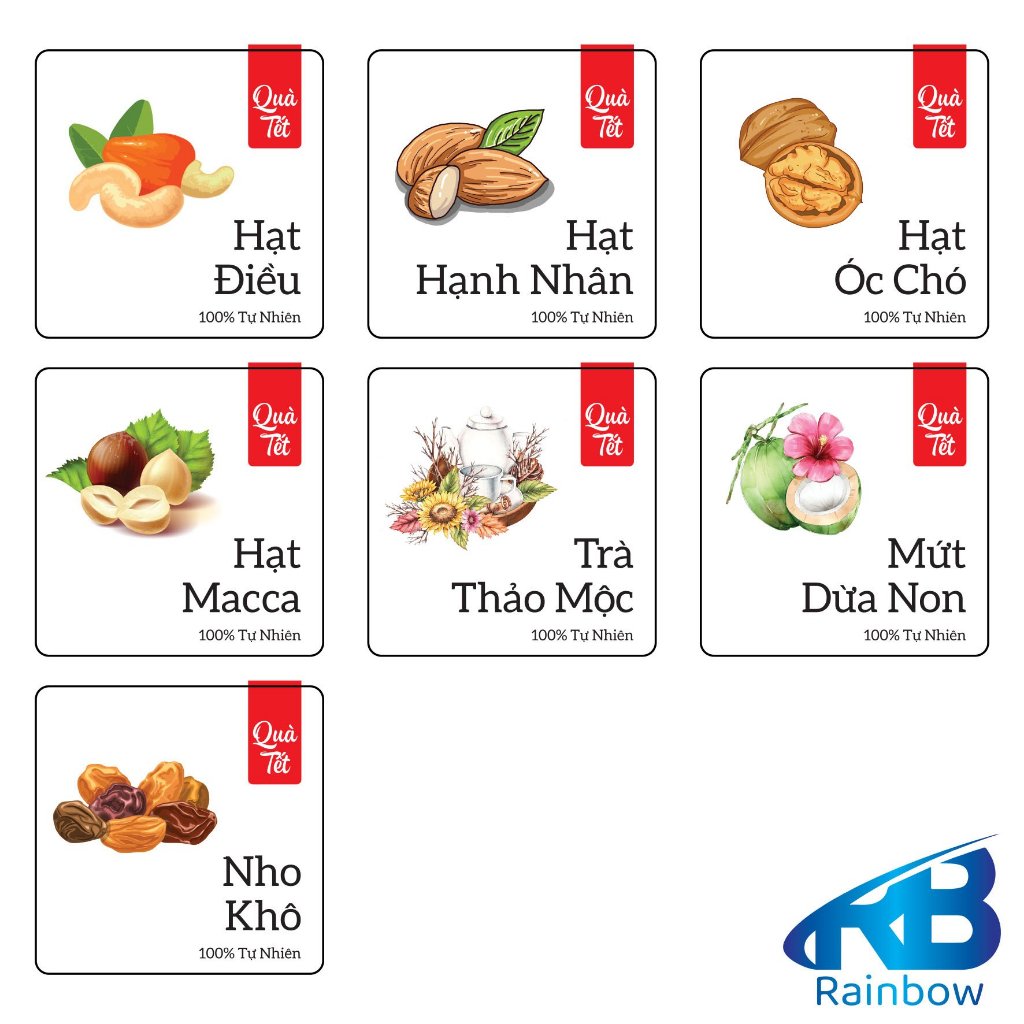 Set 30 Tem tết hạt điều dán hộp, hủ, chai, lọ đựng mứt Tết, khô, hộp quà tặng.