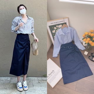 Set áo đen cổ viền trắng phối nơ + chân váy midi
