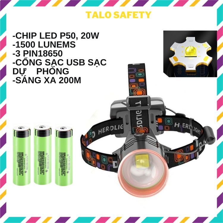 Đèn pin đội đầu siêu sáng đi rừng chip led XHP50-L4, dùng pin 3 18650 chống nước tốt