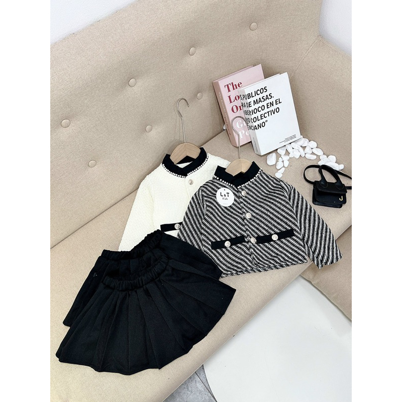 Set dạ viền ngọc mix chân váy đen bé gái