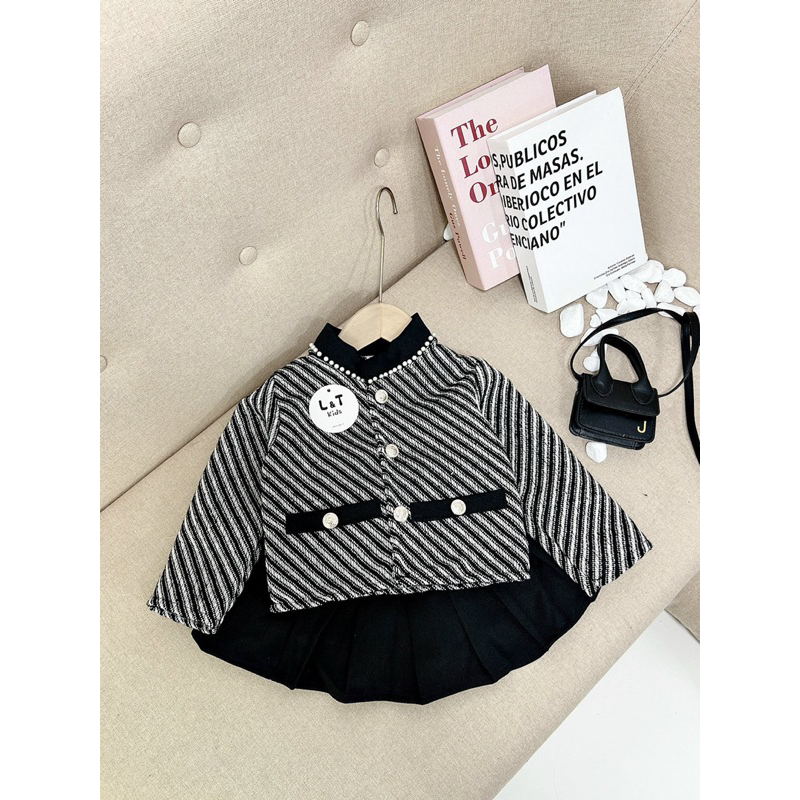 Set dạ viền ngọc mix chân váy đen bé gái