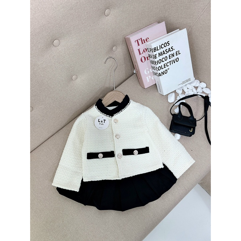 Set dạ viền ngọc mix chân váy đen bé gái