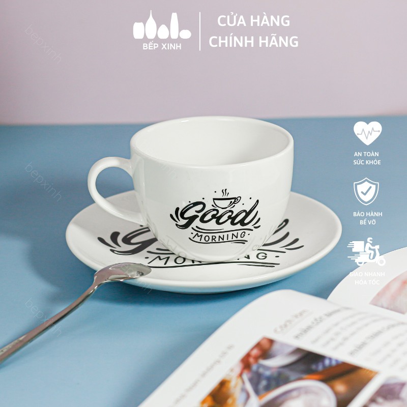 Set ly cà phê cappuccino kèm dĩa lót sứ in chữ Goodmorning - Sứ Dílo