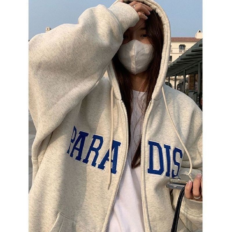 Áo hoodie zip form rộng họa tiết in PARADISE