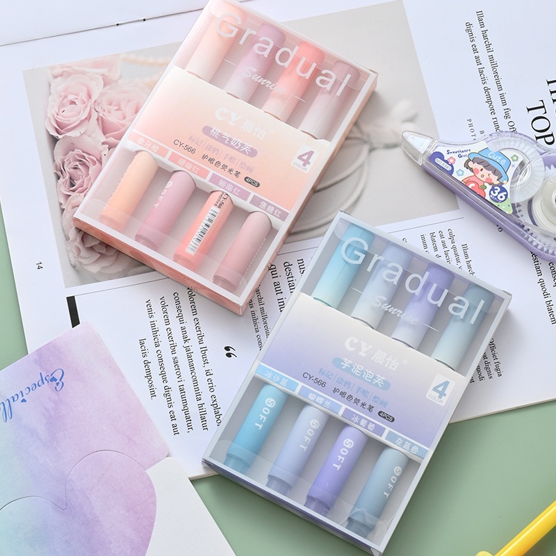 Set bút dạ quang, bút ghi nhớ 4 màu Gradual, đánh dấu highlight pastel Gooo ngòi mềm cho học sinh, sinh viên