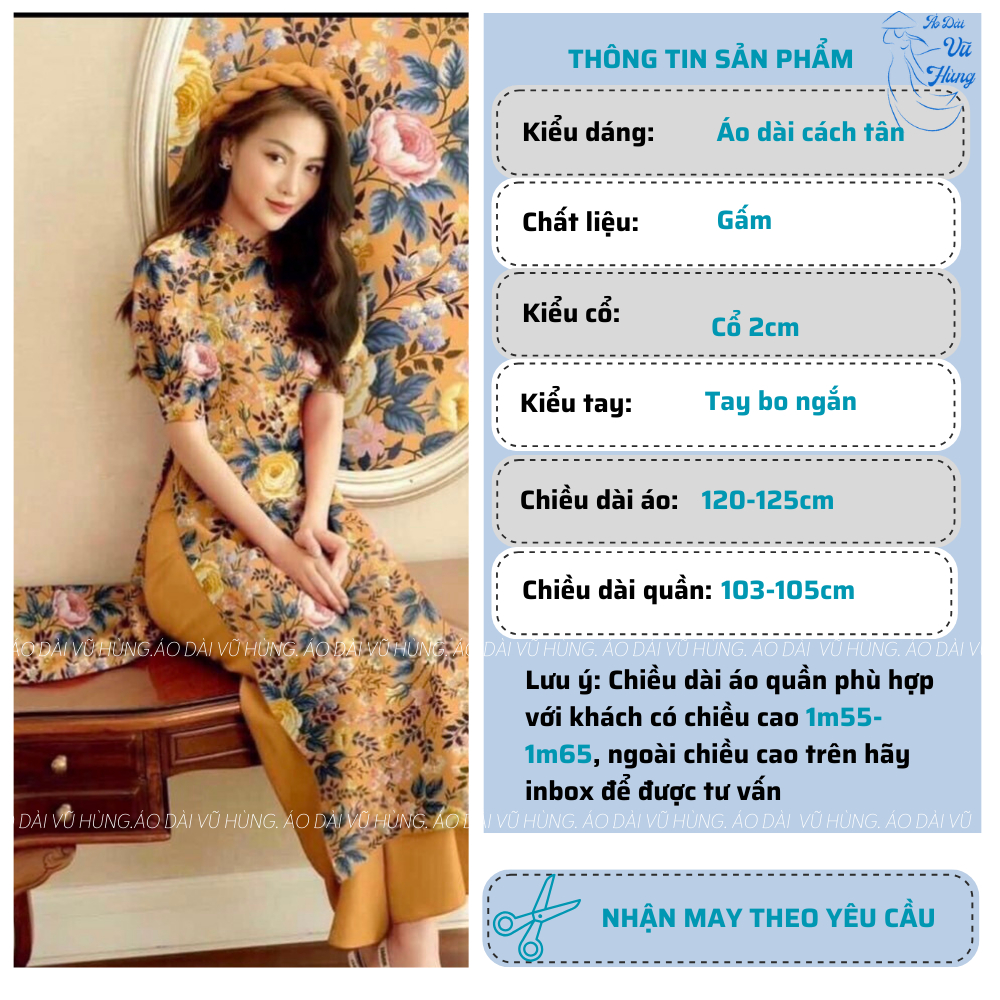 Áo dài cách tân gấm xốp màu vàng tay bo, áo dài cách tân Tết, áo dài du xuân