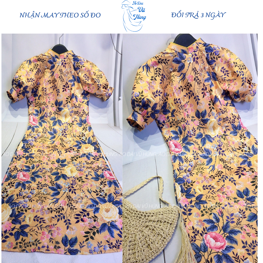 Áo dài cách tân gấm xốp màu vàng tay bo, áo dài cách tân Tết, áo dài du xuân