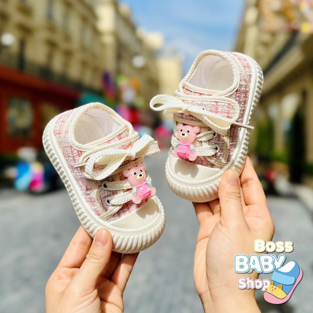 Giày thể thao bata cho bé trai bé gái dáng lười quai dán ngang thời trang và họa tiết gấu đáng yêu chất dạ