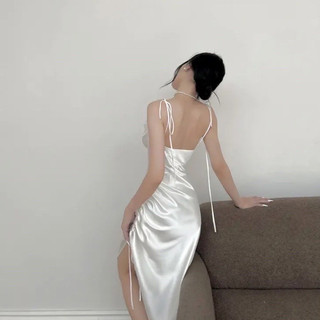 Đầm Phi Lụa Hai Dây Xẻ Tà (Ảnh Thật)