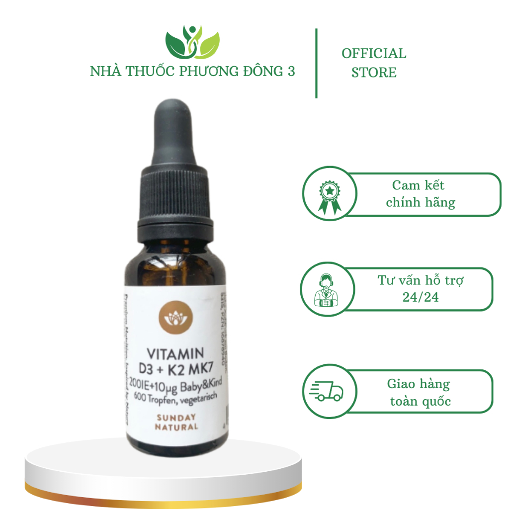 Thực Phẩm Chức Năng Tăng Hấp Thụ Canxi Vitamin D3 K2 Mk7 Sunday Natural Cho Bé Hộp 20ml Xuất Xứ Đức