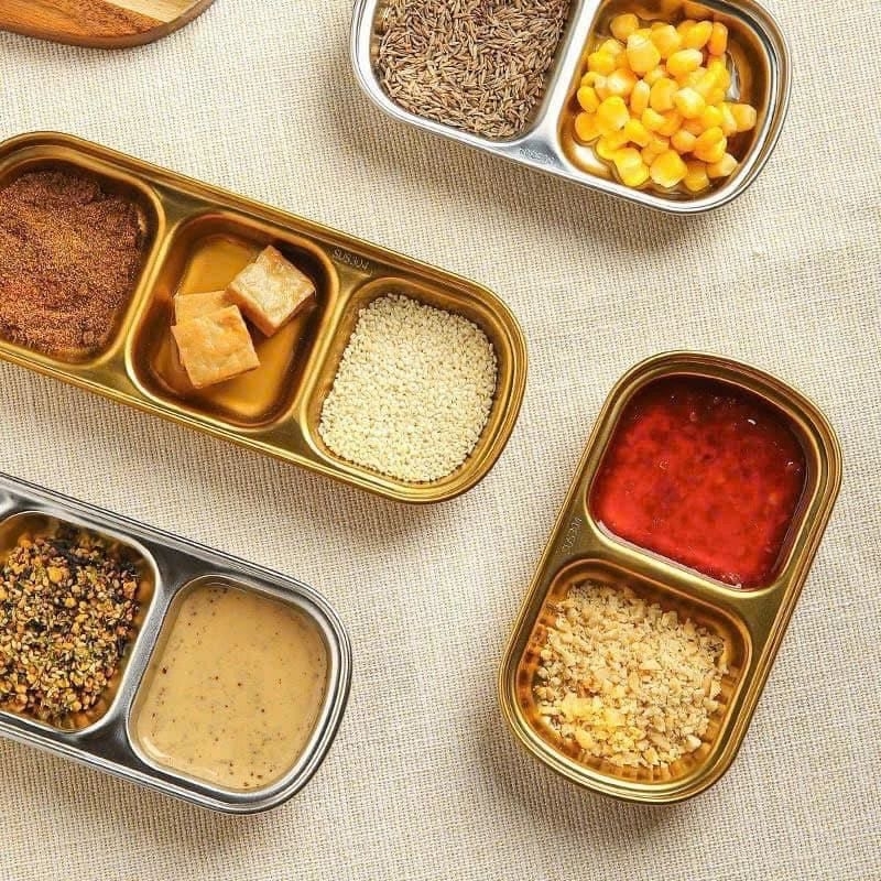 KHAY INOX GIA VỊ LOẠI 1 NGĂN, 2 NGĂN, 3 NGĂN