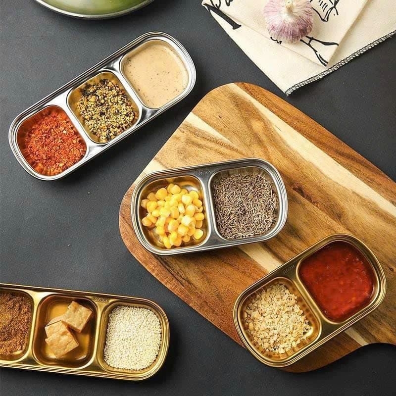 KHAY INOX GIA VỊ LOẠI 1 NGĂN, 2 NGĂN, 3 NGĂN