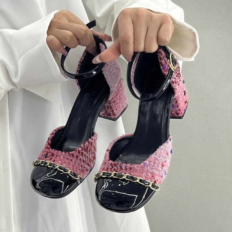 Order 🌸 Giày mũi tròn phối đen gót vuông quai hậu 5cm