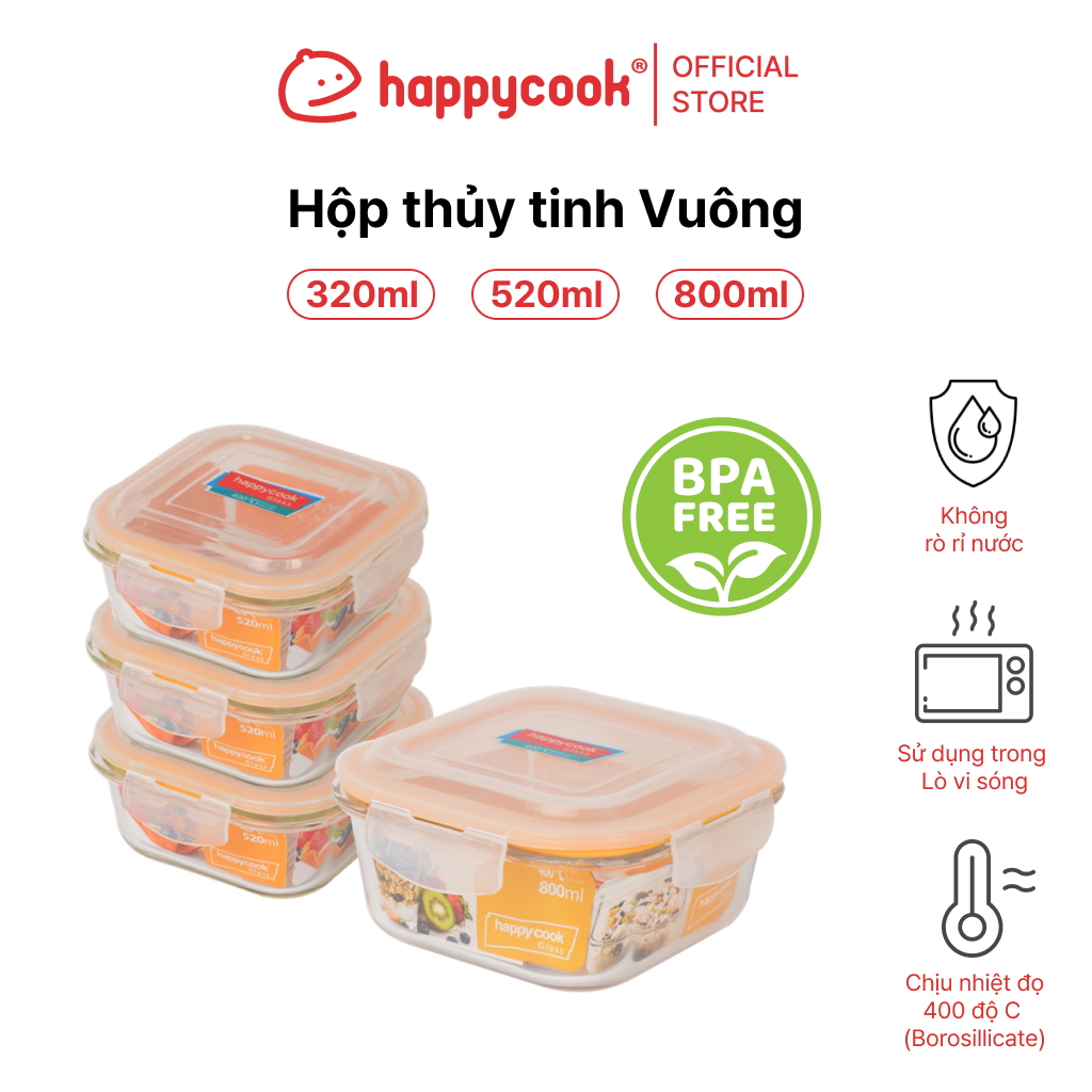 Hộp thủy tinh hình vuông 320ml, 520ml, 800ml HAPPYCOOK