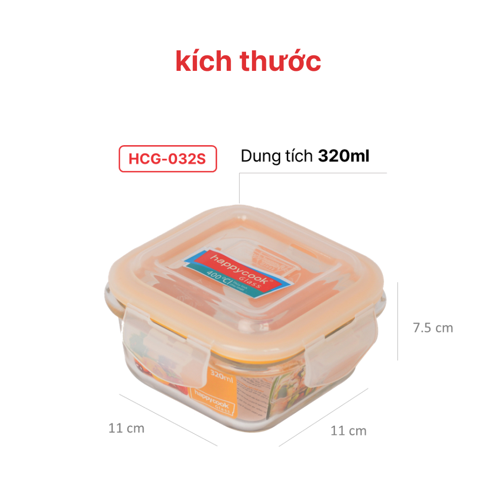 Hộp thủy tinh hình vuông 320ml, 520ml, 800ml HAPPYCOOK