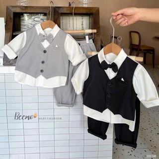 Set sơ mi công tử 3 chi tiết kèm nơ, bộ sơ mi gile bé trai phong cách Hàn Quốc Beemo