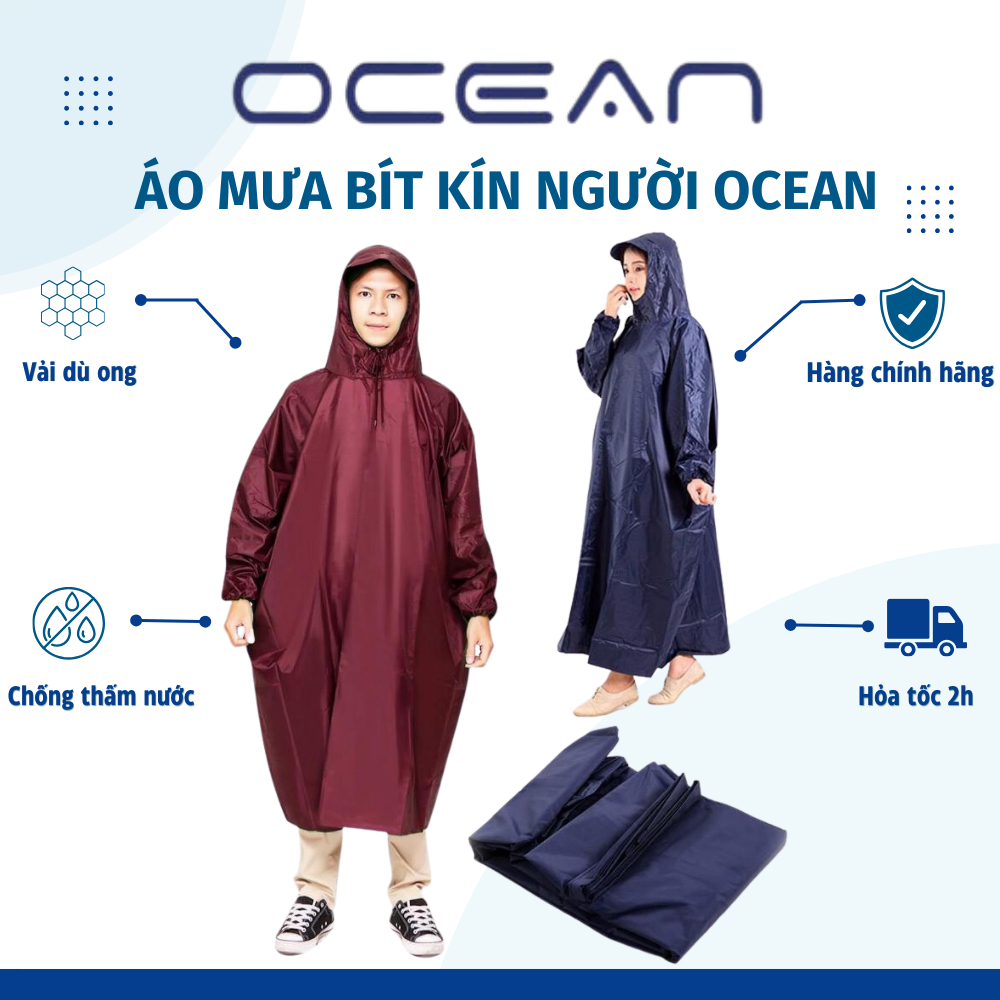 Áo mưa vải dù OCEAN bít kín người. Vải dù Ong siêu bền - đi mưa tiện lợi, chống thấm nước