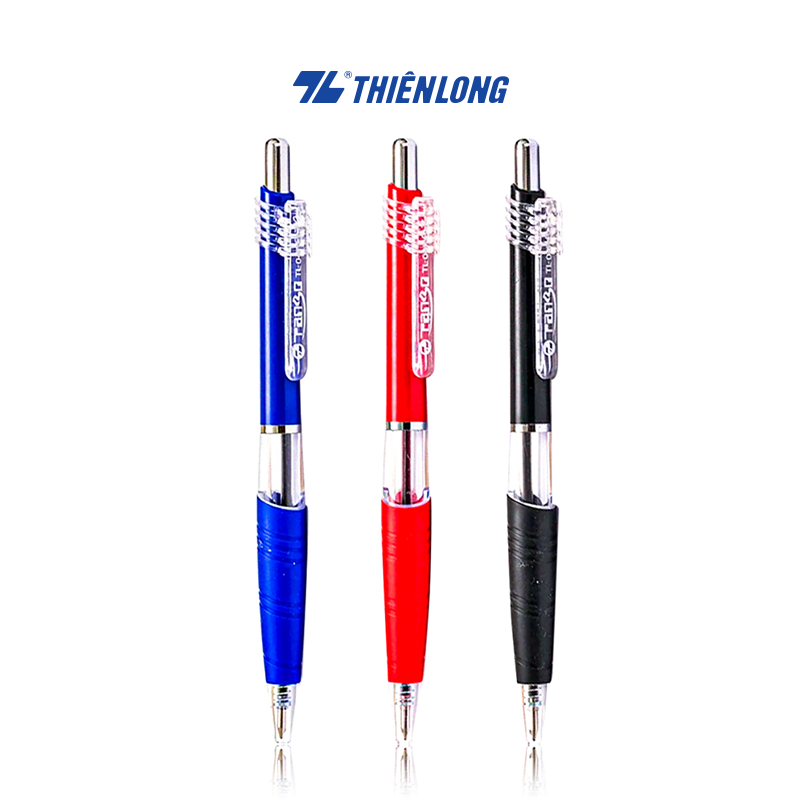 Bút bi Thiên Long TL-047 0.7mm mực xanh/đỏ/đen thiết kế cân đối, nút bấm mạ crom, có đệm cầm tay
