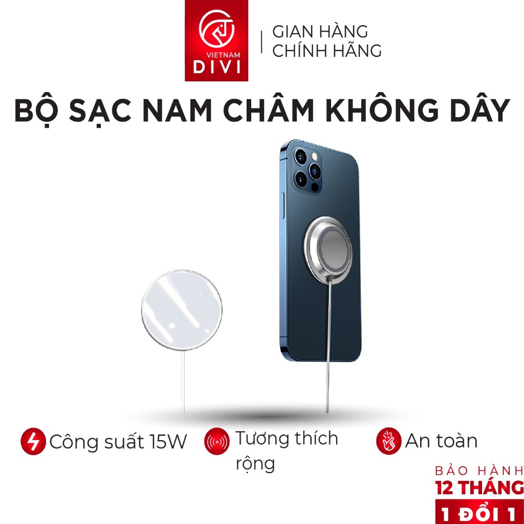 Bộ Sạc Nam Châm Không Dây 15W DIVI 26H4001 Hỗ Trợ Sạc Không Dây 15W Bền Đẹp Tiện Lợi - Hàng Chính Hãng